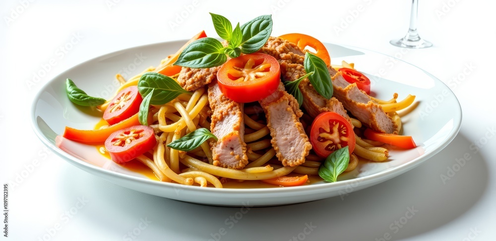 Colorful pasta dish with chicken and vegetables Colorful pasta dish with chicken and vegetables