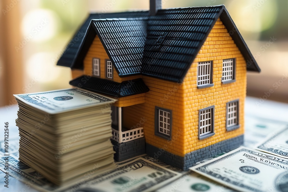 stack of cash alongside a model house on a clean surface, symbolizing the intersection of finance and home ownership stack of cash alongside a model house on a clean surface, symbolizing the intersection of finance and home ownership