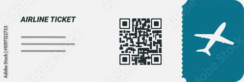 A modern airline ticket with a minimalist design, including a QR code and a stylized airplane symbol, isolated on a white background.
