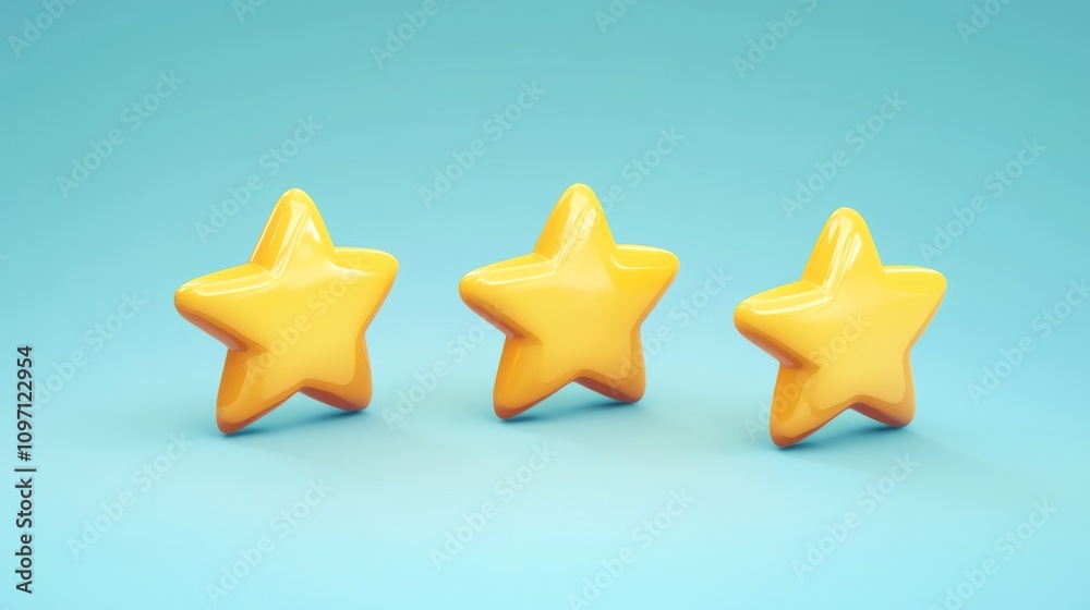 Three Glossy Yellow 3D Stars on Blue Background: Rating, Feedback, Review Concept Three Glossy Yellow 3D Stars on Blue Background: Rating, Feedback, Review Concept