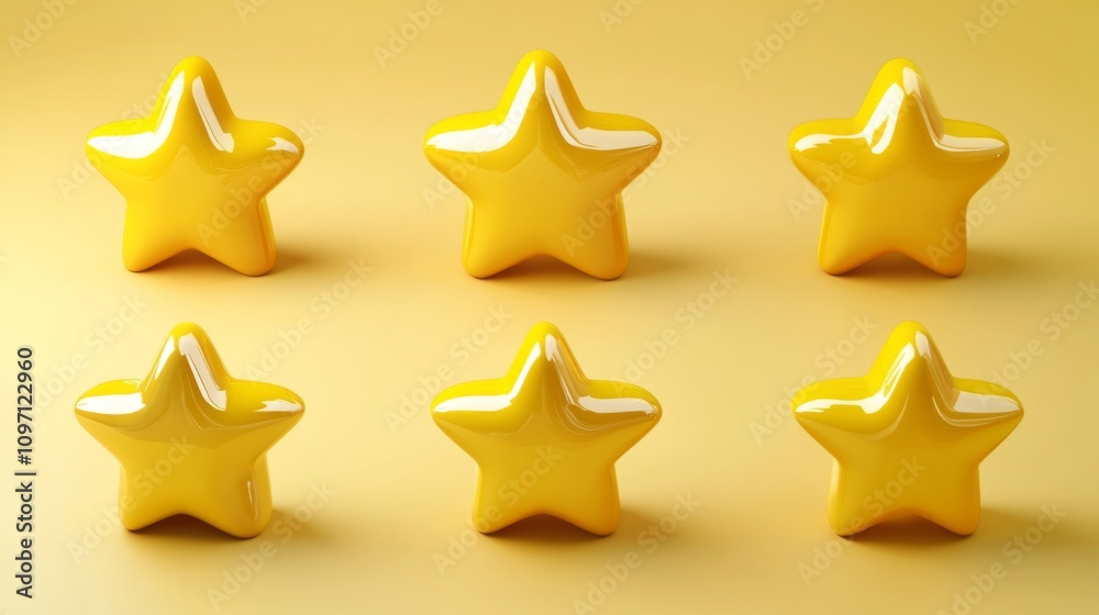 Six Glossy Yellow Stars on Yellow Background: 3D Render Six Glossy Yellow Stars on Yellow Background: 3D Render