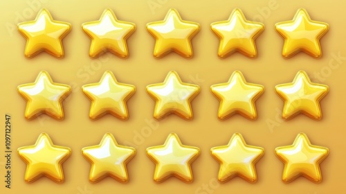 15 Golden Shiny Stars: Rating, Award, Review, Feedback, Quality, Design Element