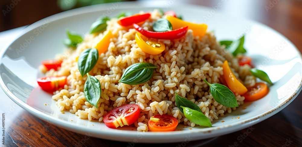 Colorful vegetable rice dish with basil on white plate Colorful vegetable rice dish with basil on white plate