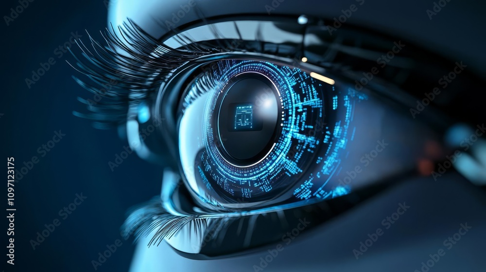A robotic eye made of metal and glass, resembling a mechanical lens with glowing details, robotic lens, cybernetic innovation A robotic eye made of metal and glass, resembling a mechanical lens with glowing details, robotic lens, cybernetic innovation