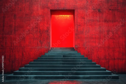 stark concrete stairs ascend to a striking red light doorway, creating a dramatic contrast in colors, evoking mystery and intrigue in an urban setting