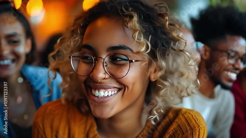 A smiling young woman with curly hair, wearing glasses, in a warm-colored sweater, surrounded by friends. photo