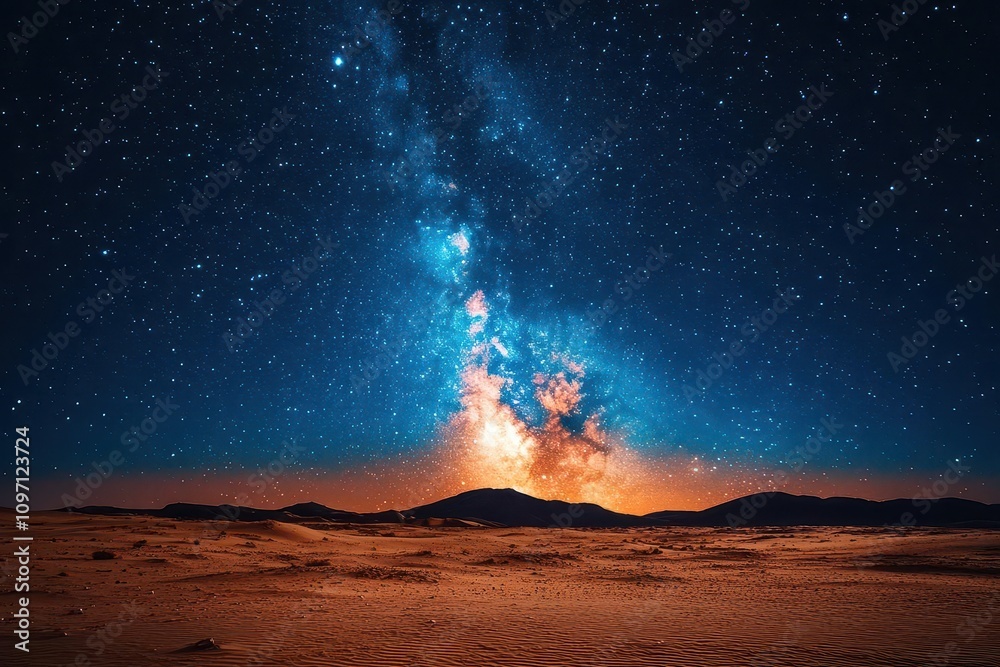 starry night sky over the sahara desert, with the milky way shining brightly, capturing the serenity and vastness of the desert landscape under a blanket of twinkling stars