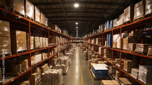 A wide shot of a warehouse with tall shelves full of boxes and pallets.