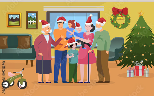 Merry Christmas. Happy Family at home near the Christmas tree. Vector.