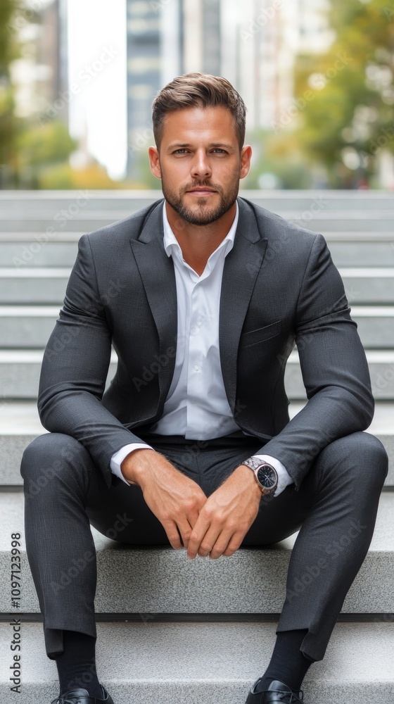 Man in formal suit poses confidently on steps outside a modern building in daylight Man in formal suit poses confidently on steps outside a modern building in daylight