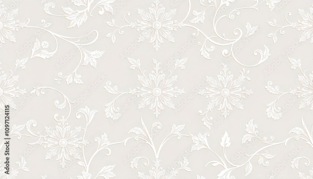 A seamless pattern of intricate white floral and swirling designs on a light gray background, creating a textured and elegant appearance, created with generative ai A seamless pattern of intricate white floral and swirling designs on a light gray background, creating a textured and elegant appearance, created with generative ai