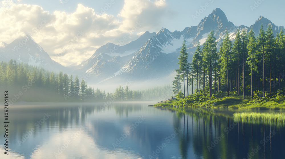 Serene lake reflects the sunlight, showcasing a magnificent mountain range and creating a stunning natural vista Serene lake reflects the sunlight, showcasing a magnificent mountain range and creating a stunning natural vista