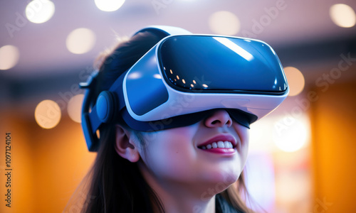 woman wearing virtual reality goggles smiles while immersed in digital experience, showcasing excitement of technology