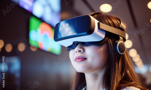 Young woman wearing VR goggles, immersed in virtual reality experience, showcasing technology and innovation in modern setting