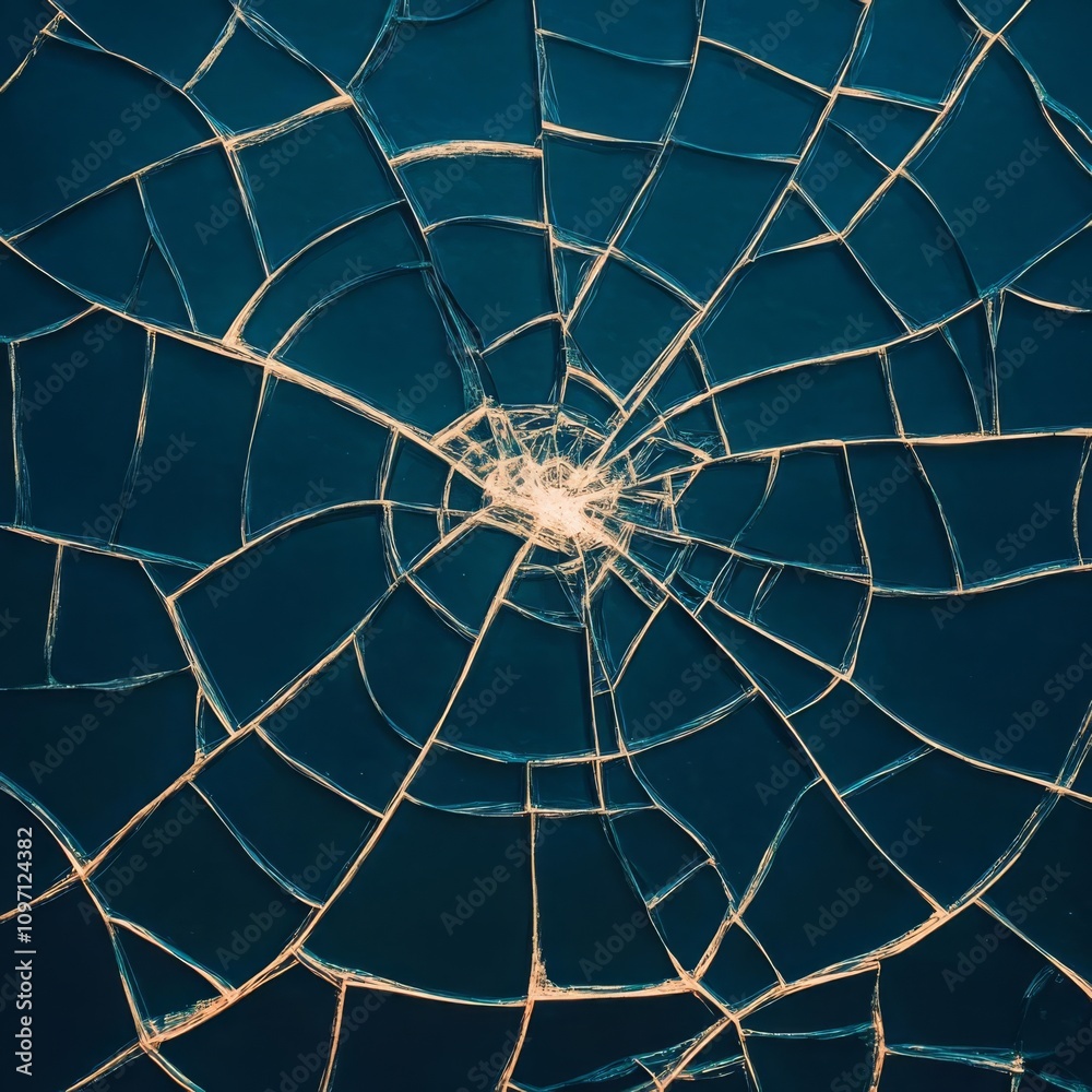 Obraz premium Abstract view of a cracked lens surface, intricate fractures glowing under diffused light, cracked lens art, fragile elegance