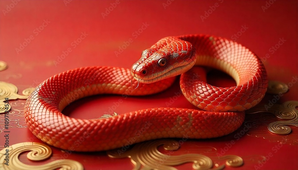 A red snake with golden patterns coiled on a red background with traditional Japanese wave patterns, Chinese new year concept, year of the snake template, banner, poster, created with generative ai A red snake with golden patterns coiled on a red background with traditional Japanese wave patterns, Chinese new year concept, year of the snake template, banner, poster, created with generative ai