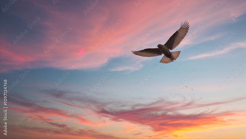 Naklejka premium Soaring Freedom at sunset: bird in flight against a vibrant sky