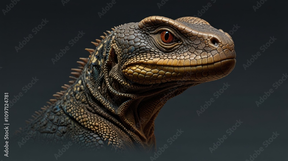 Close-up portrait of a reptile with intricate scales and intense red eyes, set against a dark background. Close-up portrait of a reptile with intricate scales and intense red eyes, set against a dark background.