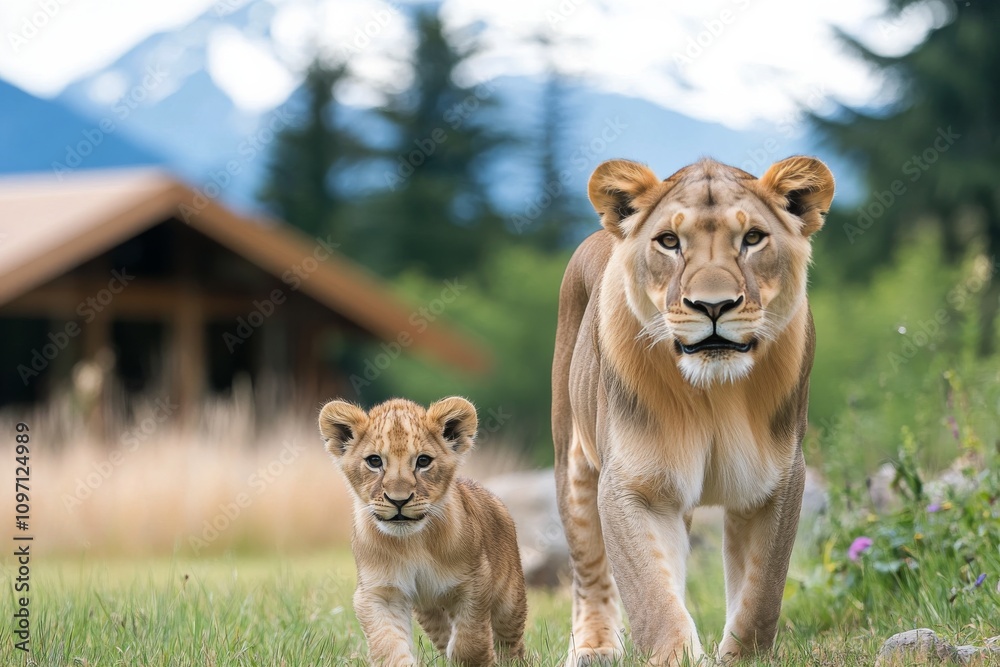 Lion and cub walking together in green grass under natural light during daytime Lion and cub walking together in green grass under natural light during daytime