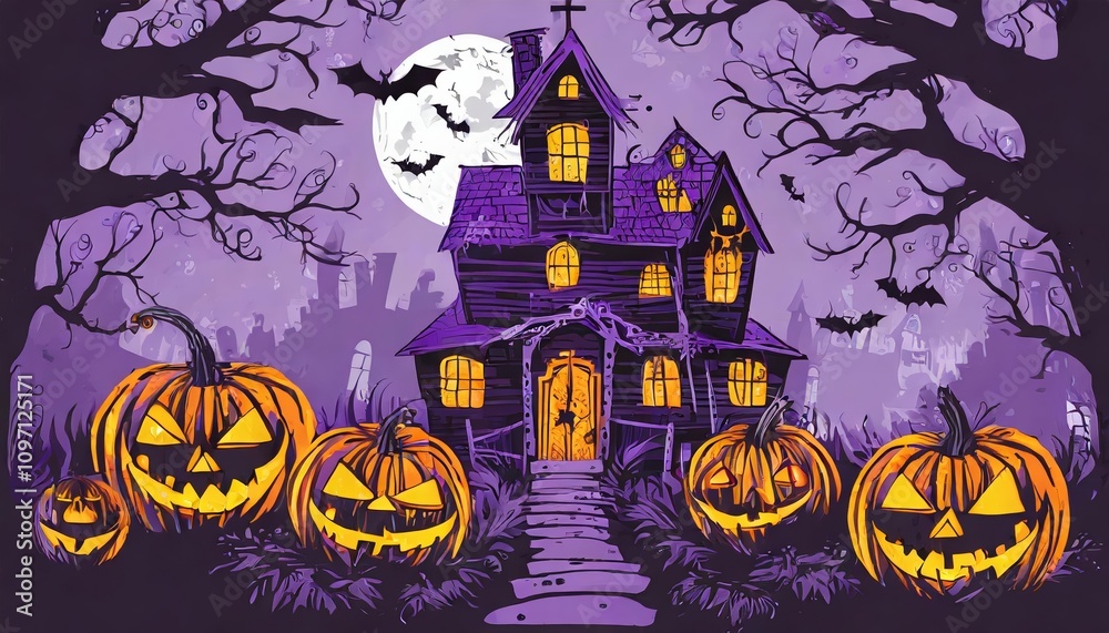 Fototapeta premium Haunted Halloween T-Shirt Graphic Design Featuring a Spooky Haunted House, Pumpkin Heads, and Violet Background with Eerie Details Perfect for Seasonal Apparel or Festive Decorative Prints