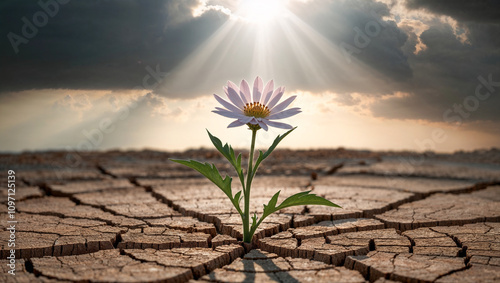 nurtured by rays of God a Flower blooms in dry cracked earth: Love, Hope, resilience, new life emerges from barren soil