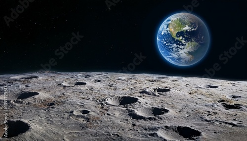 Detailed Image of the Moon's Surface with Visible Lunar Dust and Distant Earth