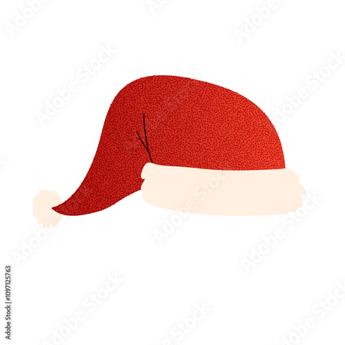 Cute cartoon Santa hat with soft details and halftone set. Classic Xmas cap for holiday icons. Flat vector illustration isolated on white background.
