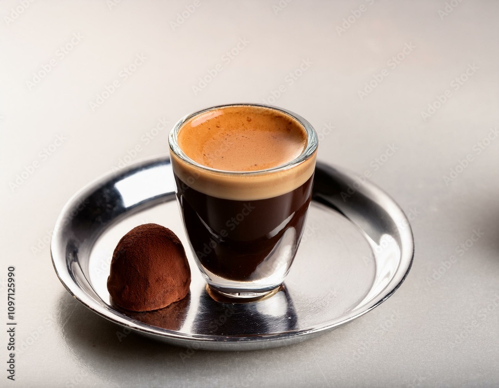 Luxurious Espresso Shot in a Small Ceramic Cup with Dark Chocolate Truffle Luxurious Espresso Shot in a Small Ceramic Cup with Dark Chocolate Truffle