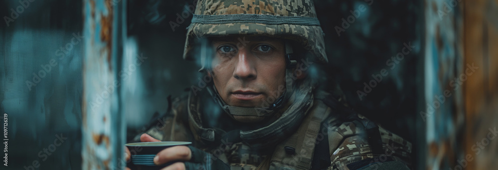 Obraz premium Soldier looking through window while holding coffee mug