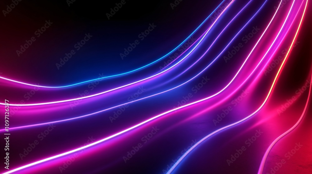 Fototapeta premium Glowing neon curved lines on dark background. Modern abstract bright pink and blue light trails effect. Futuristic dynamic design for nightclub, party poster with copy space
