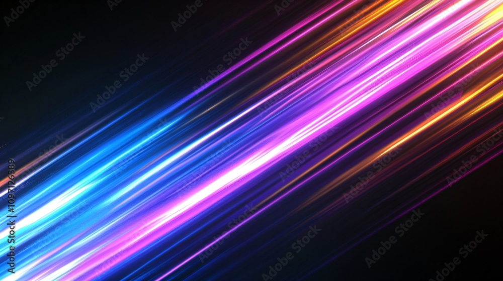 Bright neon light streaks on dark background. Colorful glowing diagonal lines with blue, purple and orange trails. Abstract modern design for nightclub, party or tech backdrop with copy space Bright neon light streaks on dark background. Colorful glowing diagonal lines with blue, purple and orange trails. Abstract modern design for nightclub, party or tech backdrop with copy space