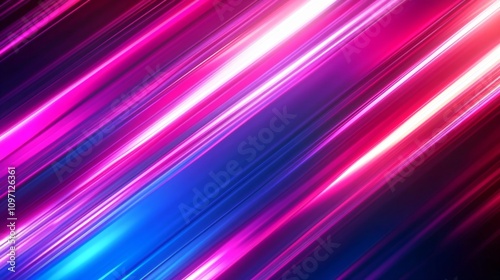 Dynamic neon light streaks on dark background. Vibrant pink and blue glowing diagonal lines. Modern abstract technology background for club, party or gaming design with copy space