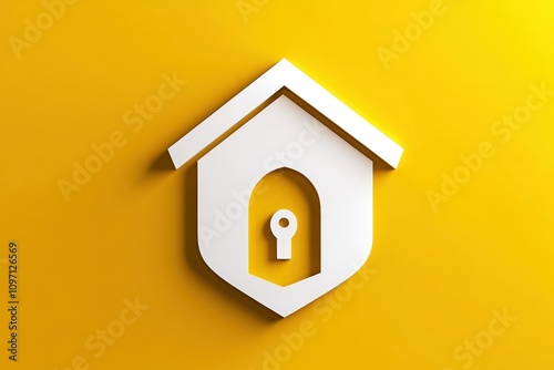 House icon with a protection shield on a bold solid background, illustrating the concept home insurance security. photo