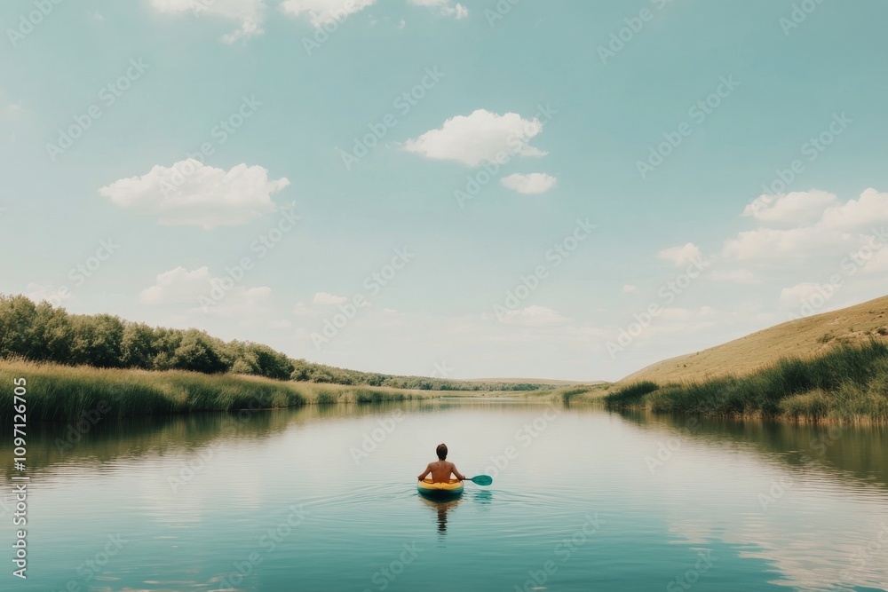Paddling calmly on a serene river surrounded by lush greenery on a sunny day Paddling calmly on a serene river surrounded by lush greenery on a sunny day