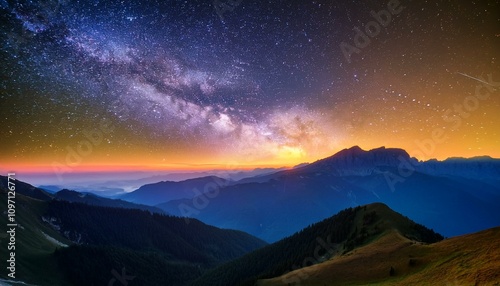 Stunning Milky Way Galaxy Over a Serene Mountain Range with Vivid Colors of Nebulae