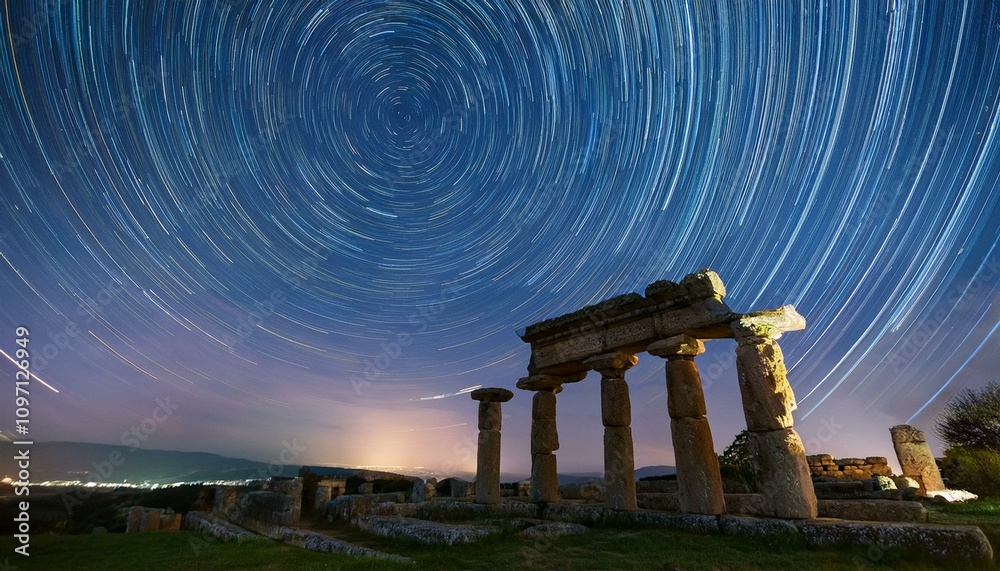 Fototapeta premium Time-Lapse of a Star Trail in the Night Sky Over an Ancient Stone Structure with Clear Sky