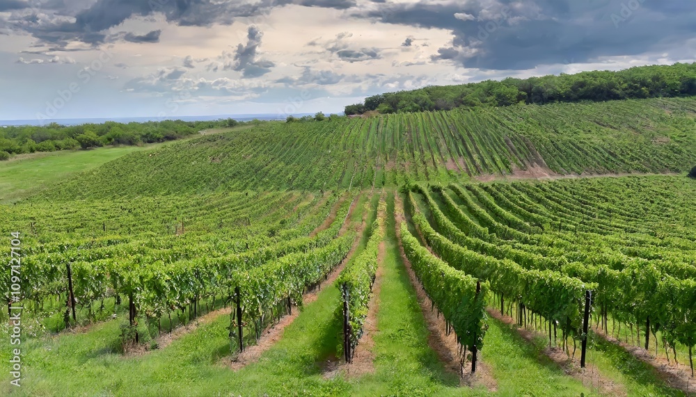 Lush green vineyard field featuring perfectly aligned rows of grapevines, cultivated for harvesting ripe grapes to produce premium fine wines, showcasing natures beauty and agricultural Lush green vineyard field featuring perfectly aligned rows of grapevines, cultivated for harvesting ripe grapes to produce premium fine wines, showcasing natures beauty and agricultural