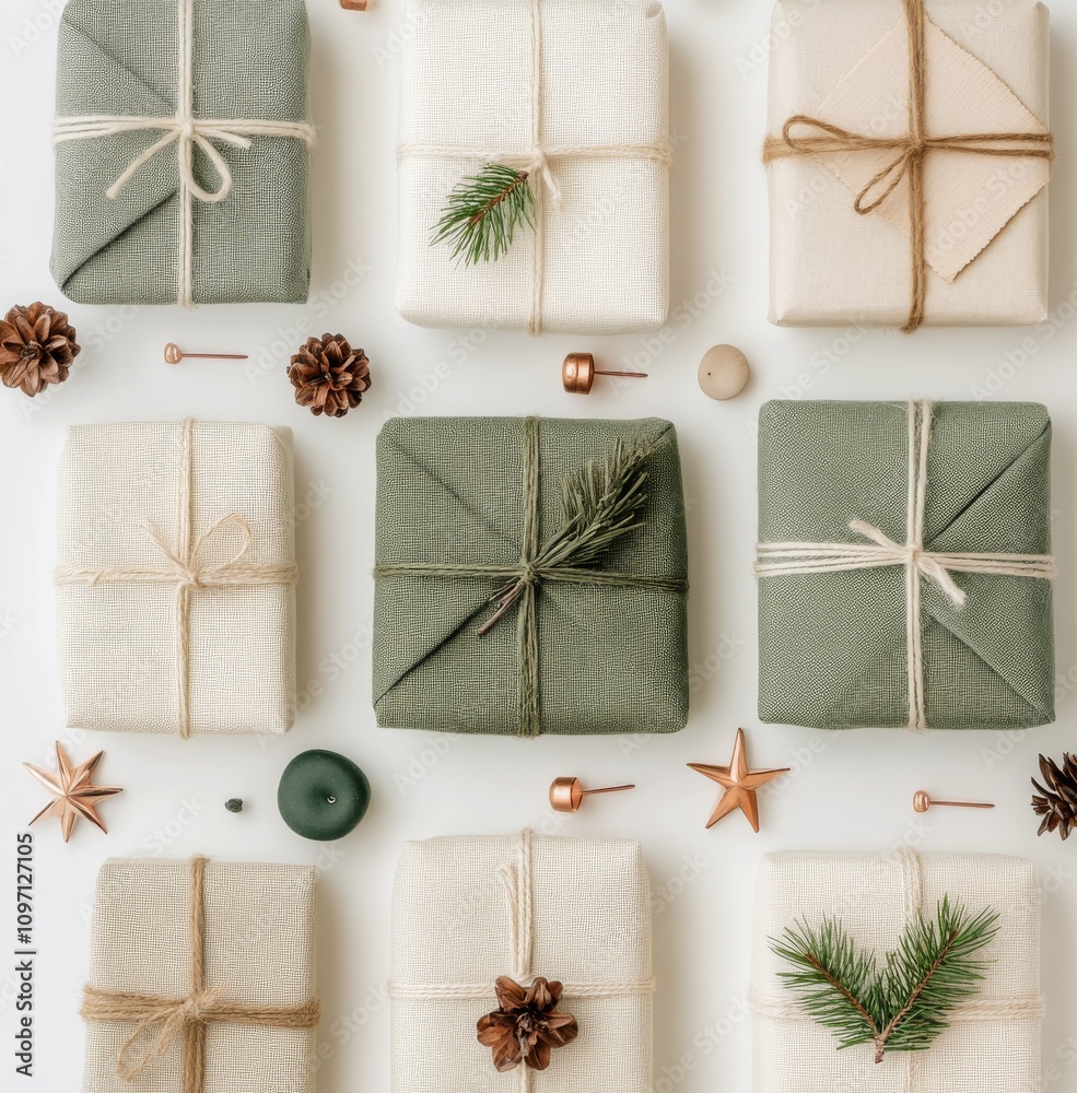 Festive gift wrapping arrangement with natural decor on light background Festive gift wrapping arrangement with natural decor on light background