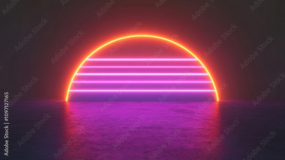 Retro neon sunset with orange and purple stripes. Synthwave style background with glowing sun reflection. Futuristic 80s aesthetic design for music, gaming, poster with copy space Retro neon sunset with orange and purple stripes. Synthwave style background with glowing sun reflection. Futuristic 80s aesthetic design for music, gaming, poster with copy space