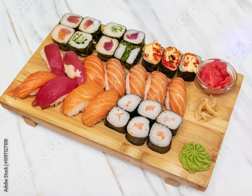 A traditional Japanese sushi platter with a variety of nigiri, sashimi, and maki rolls, garn