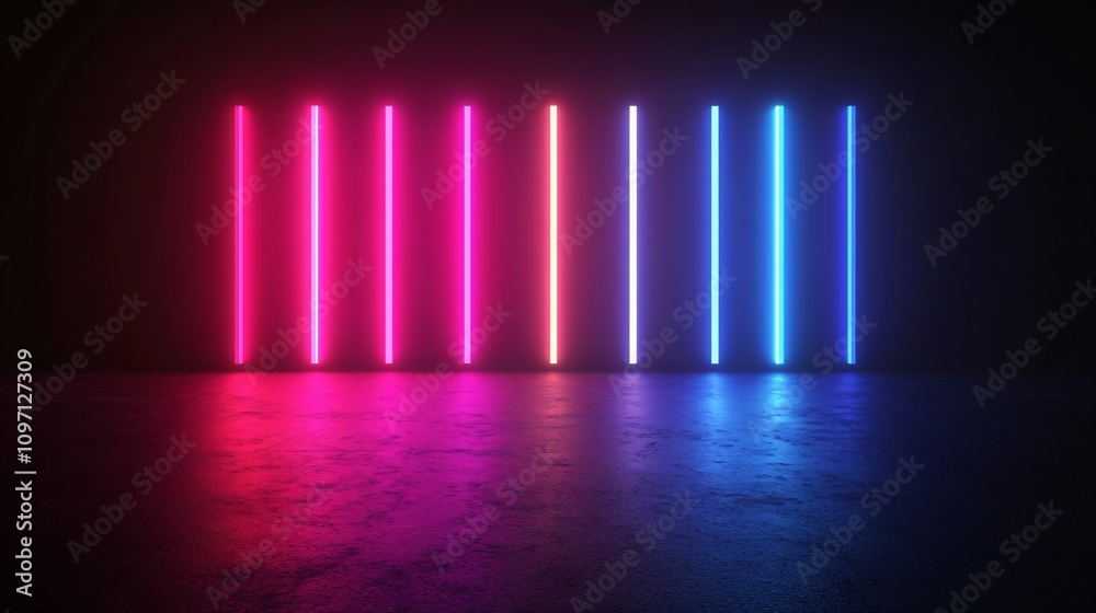 Vertical neon lights on dark wall creating gradient from pink to blue. Modern nightclub interior design. Futuristic urban background for party, concert or tech event. Copy space Vertical neon lights on dark wall creating gradient from pink to blue. Modern nightclub interior design. Futuristic urban background for party, concert or tech event. Copy space
