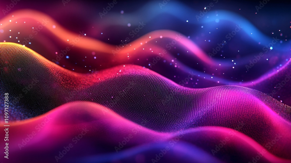 Colorful abstract digital waves with glowing particles. Dynamic neon pink and purple flowing lines on dark background. Modern technology concept for banner design with copy space Colorful abstract digital waves with glowing particles. Dynamic neon pink and purple flowing lines on dark background. Modern technology concept for banner design with copy space