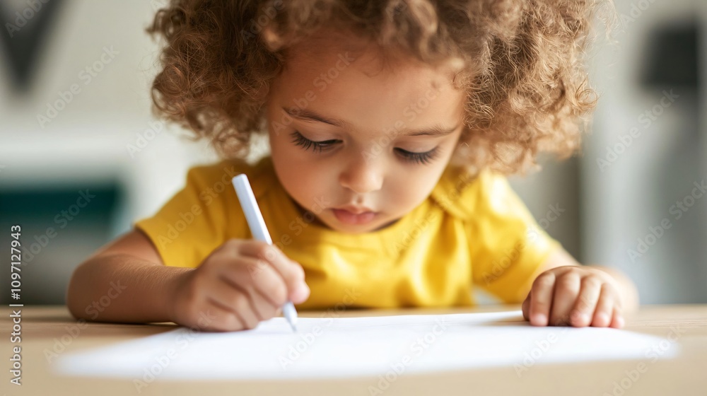 Child with curly hair wearing yellow t-shirt drawing or writing at desk. Early childhood education and creative development. Learning and homework concept with copy space Child with curly hair wearing yellow t-shirt drawing or writing at desk. Early childhood education and creative development. Learning and homework concept with copy space