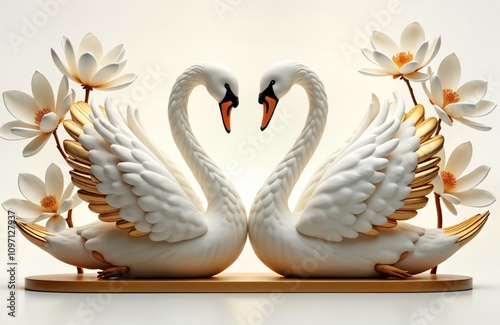 Fototapeta Naklejka Na Ścianę i Meble -  Two white swans face each other. Gold accents on wings. Swans sit on gold base. Flowers surround birds. Elegant home decor. Luxury art. Perfect gift. Wedding symbol. Romantic image. Nature theme.