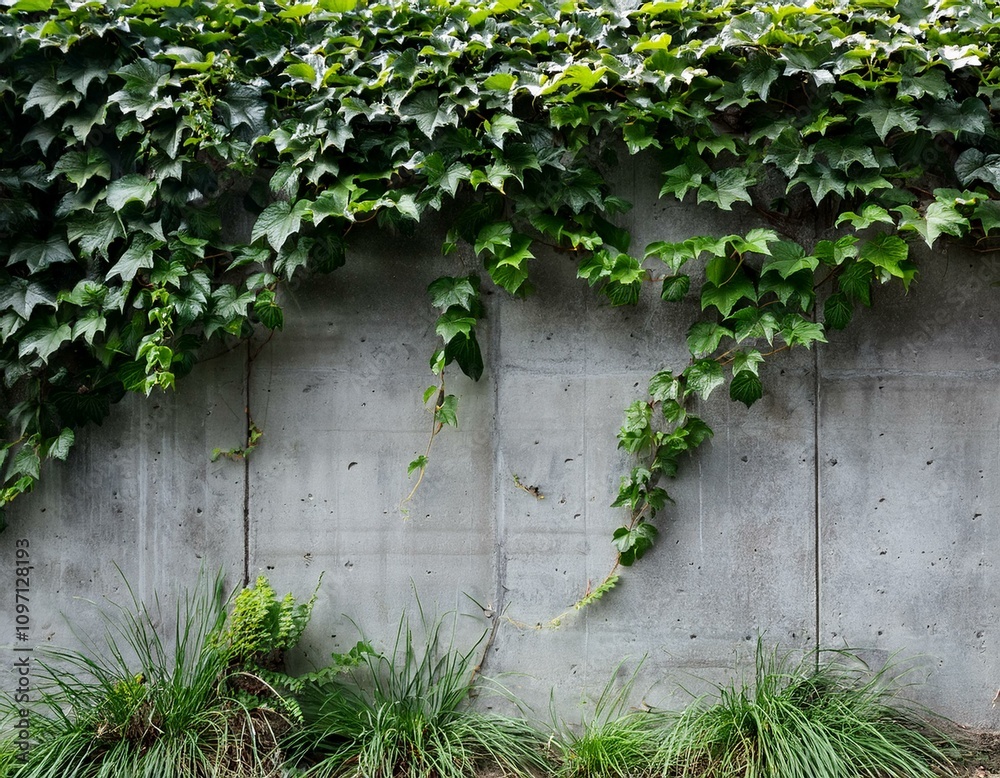 Concrete Wall with Dense Ivy Vines Growing, Urban and Nature Mix