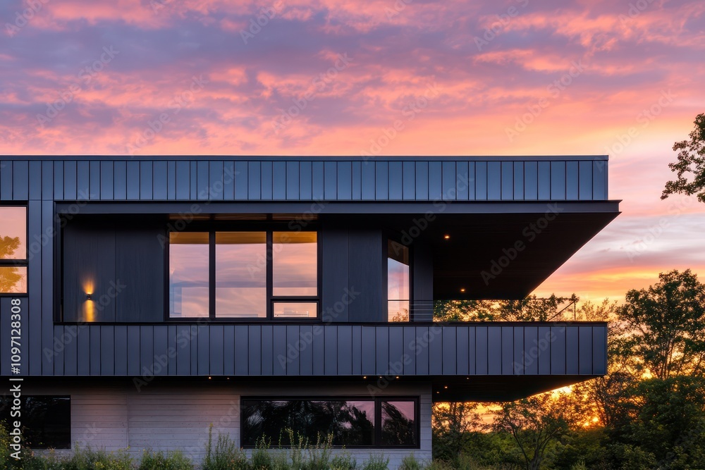Architectural elevation of a sophisticated modern house with a zinc fa? section ade and horizontal windows, sunset backdrop. Architectural elevation of a sophisticated modern house with a zinc fa? section ade and horizontal windows, sunset backdrop.