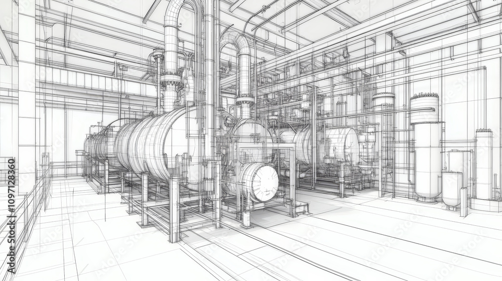 A detailed wireframe sketch of industrial equipment, showcasing both visible and invisible line layers, emphasizing structural components and mechanical elements in a layered design.
