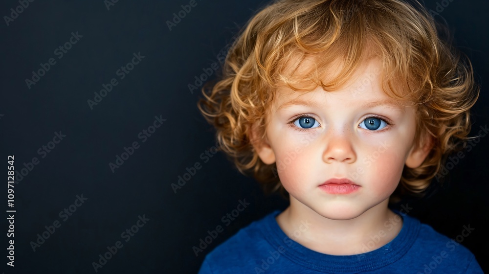 Young child with curly blonde hair wearing blue shirt against dark background. Close up portrait with bright blue eyes. Artistic studio photo for family albums, cards and holiday greetings Young child with curly blonde hair wearing blue shirt against dark background. Close up portrait with bright blue eyes. Artistic studio photo for family albums, cards and holiday greetings