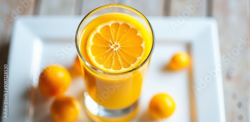 Fresh orange juice with slice on white plate photo