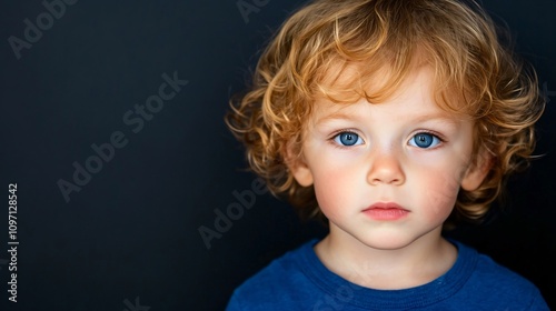 Young child with curly blonde hair wearing blue shirt against dark background. Close up portrait with bright blue eyes. Artistic studio photo for family albums, cards and holiday greetings